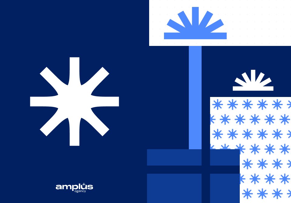 Holiday card front: gifts wrapped in a star pattern on navy