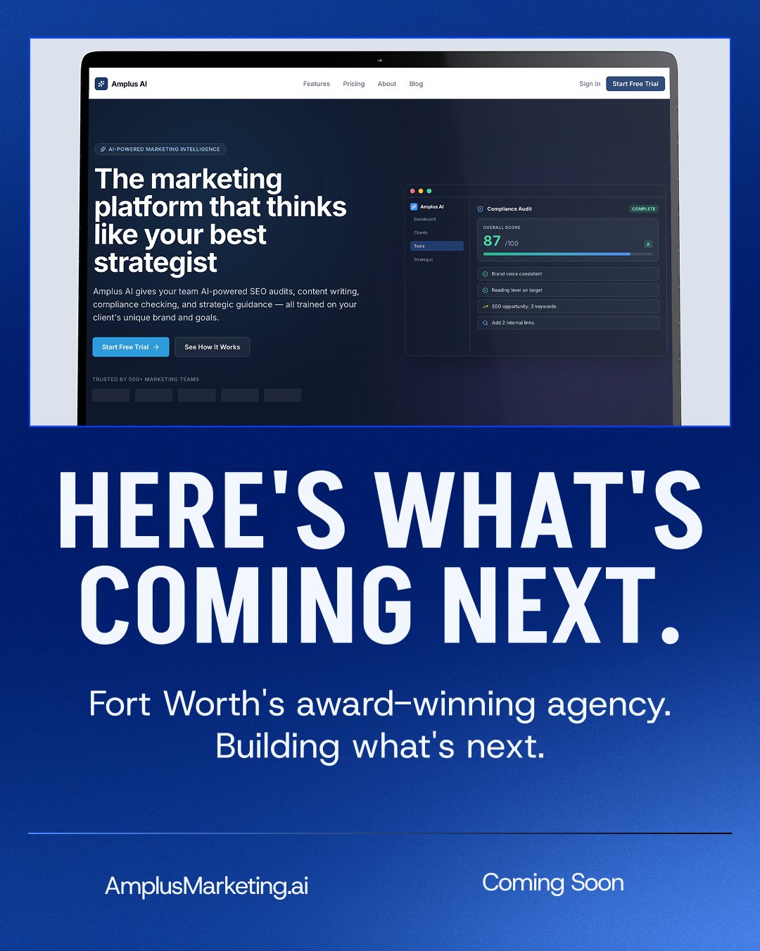 Social post: Here's what's coming next, AmplusMarketing.ai