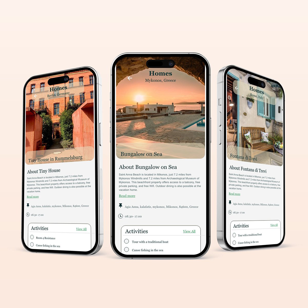 Three stay pages: Berlin, Mykonos and Rome