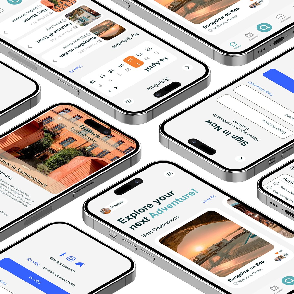 EcoRoam screens: schedule, sign-in, stay page and home feed