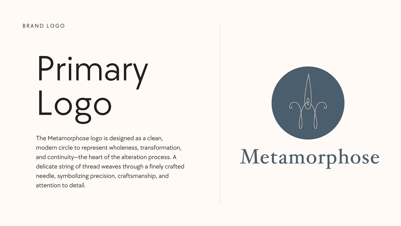 Primary logo: needle and thread mark in a slate circle with the wordmark