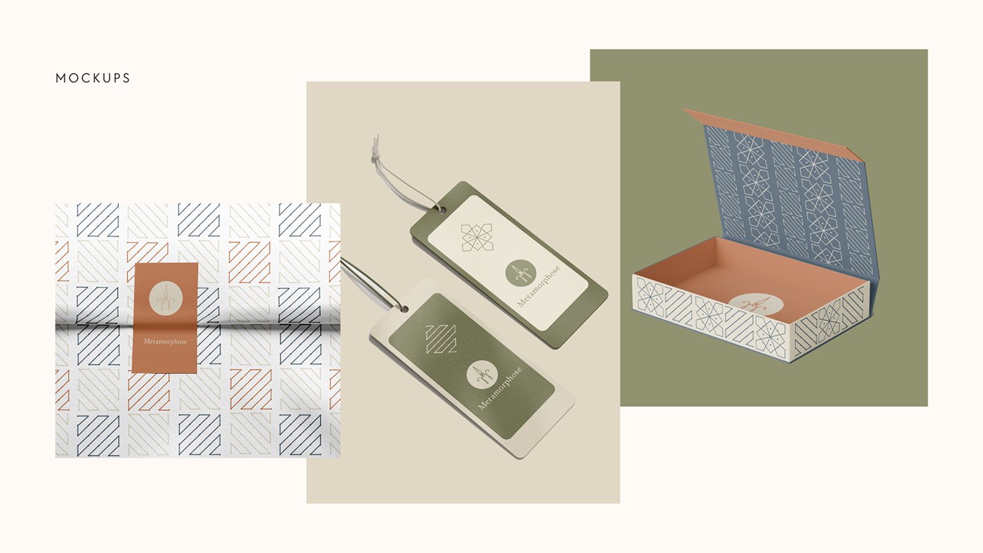 Tissue paper, hang tags and gift box with Metamorphose patterns