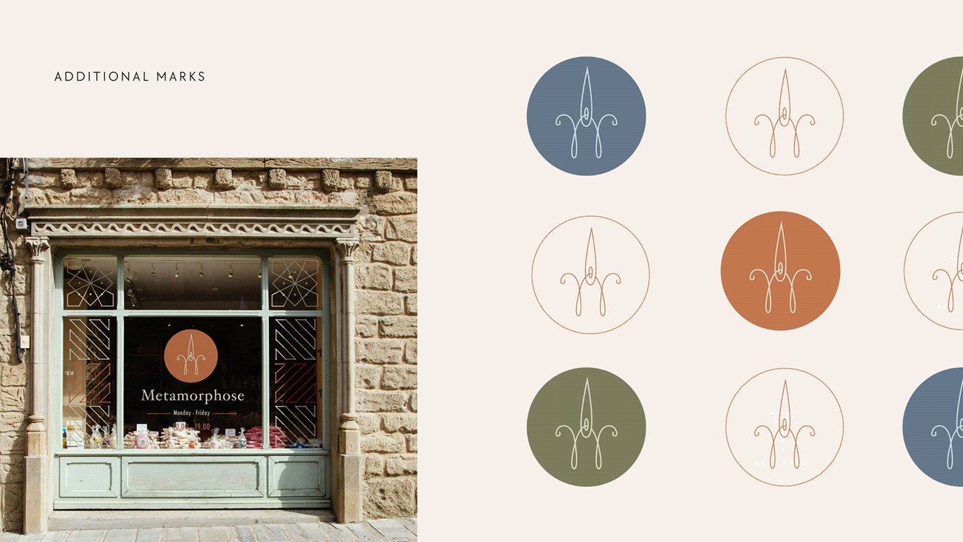 Storefront window with the Metamorphose mark, plus logo color variations