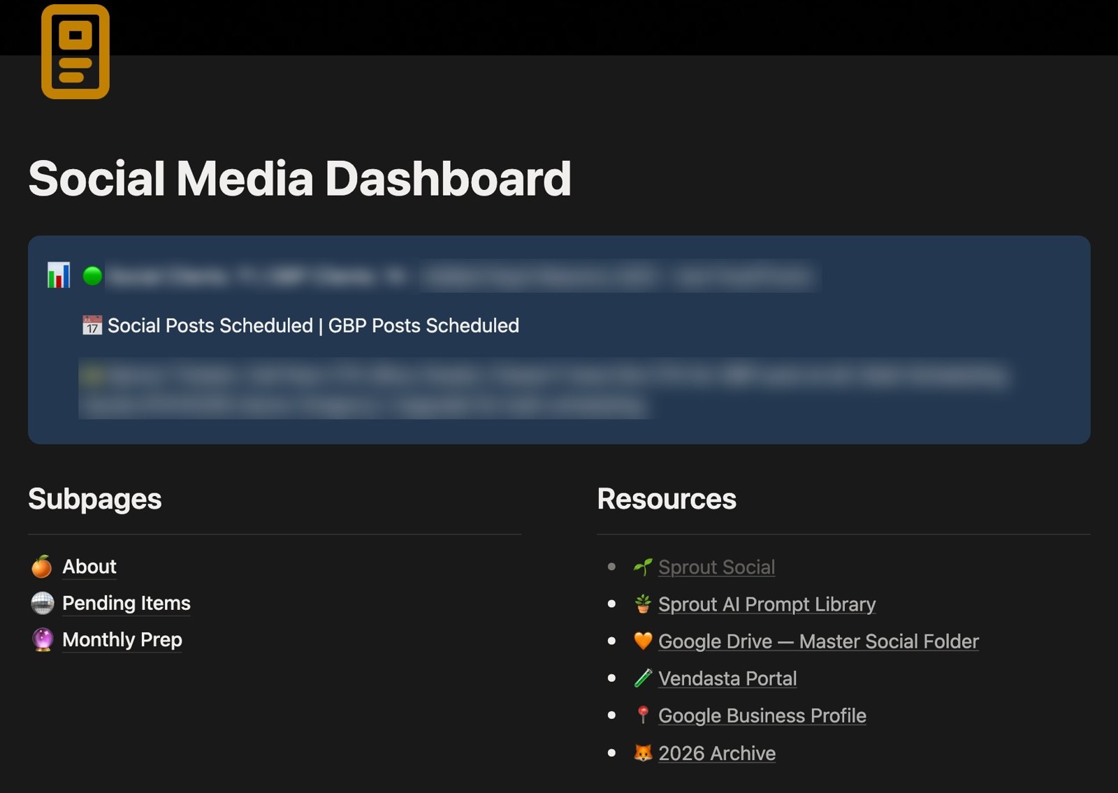 The Notion social media dashboard I run every account from, with client details blurred