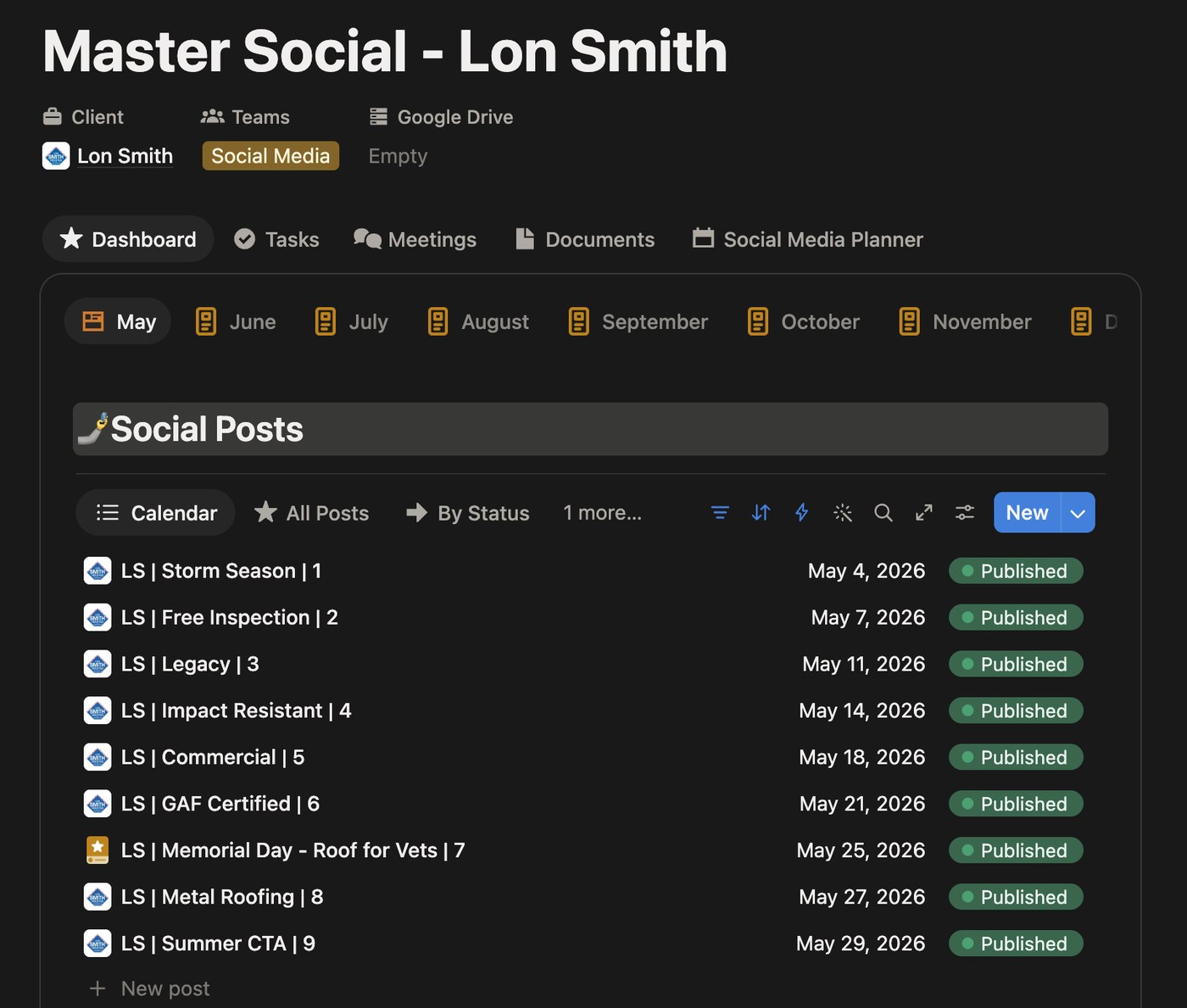 A Master Social project in Notion: one client's dashboard, monthly tabs and a month of published posts