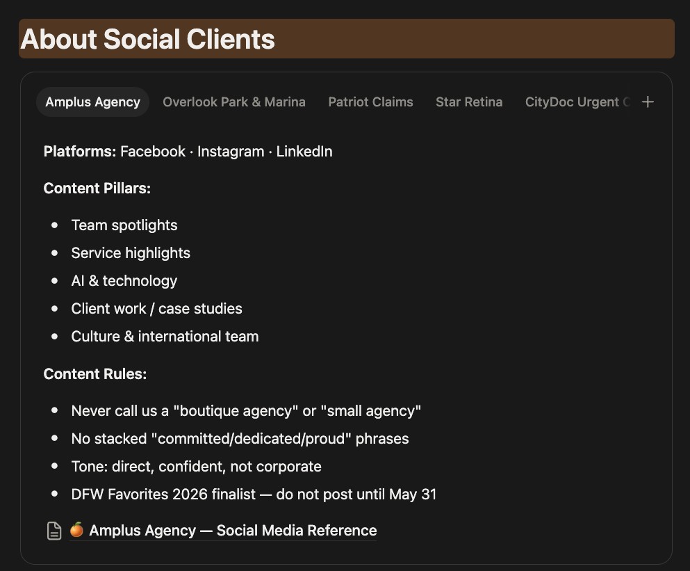 A client reference sheet in Notion: platforms, content pillars and content rules, with a tab for each client