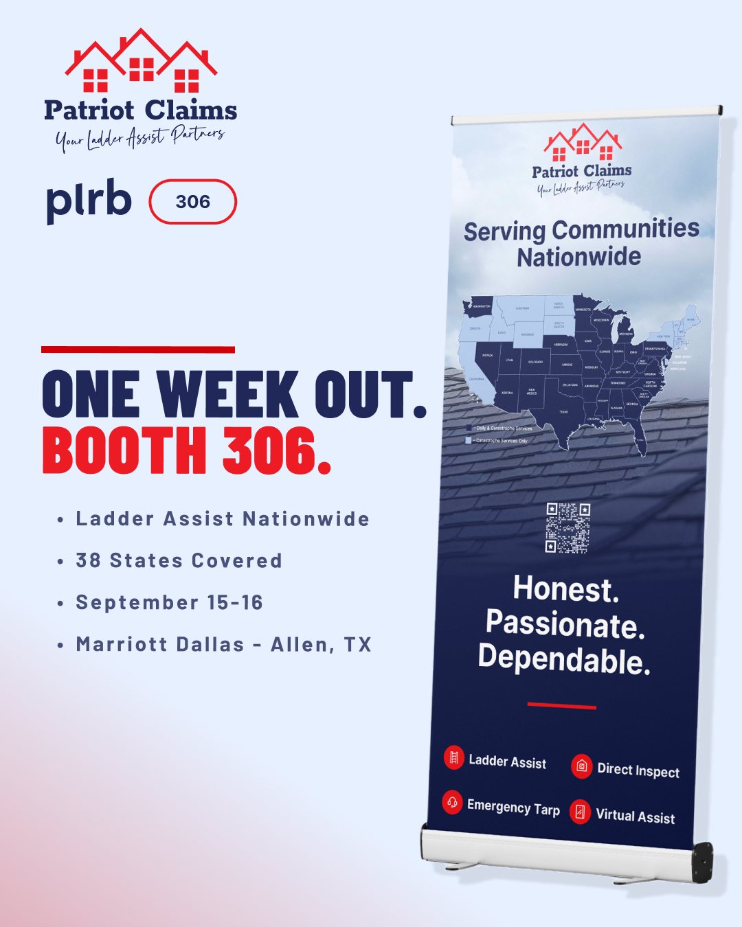Social post: One week out, Booth 306, featuring the roll-up banner