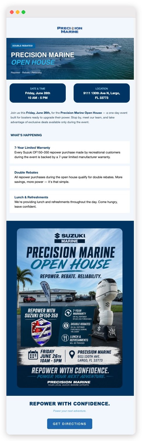 The redesigned Open House email: header image, date and location cards, three event highlights, the event flyer and a Get Directions button
