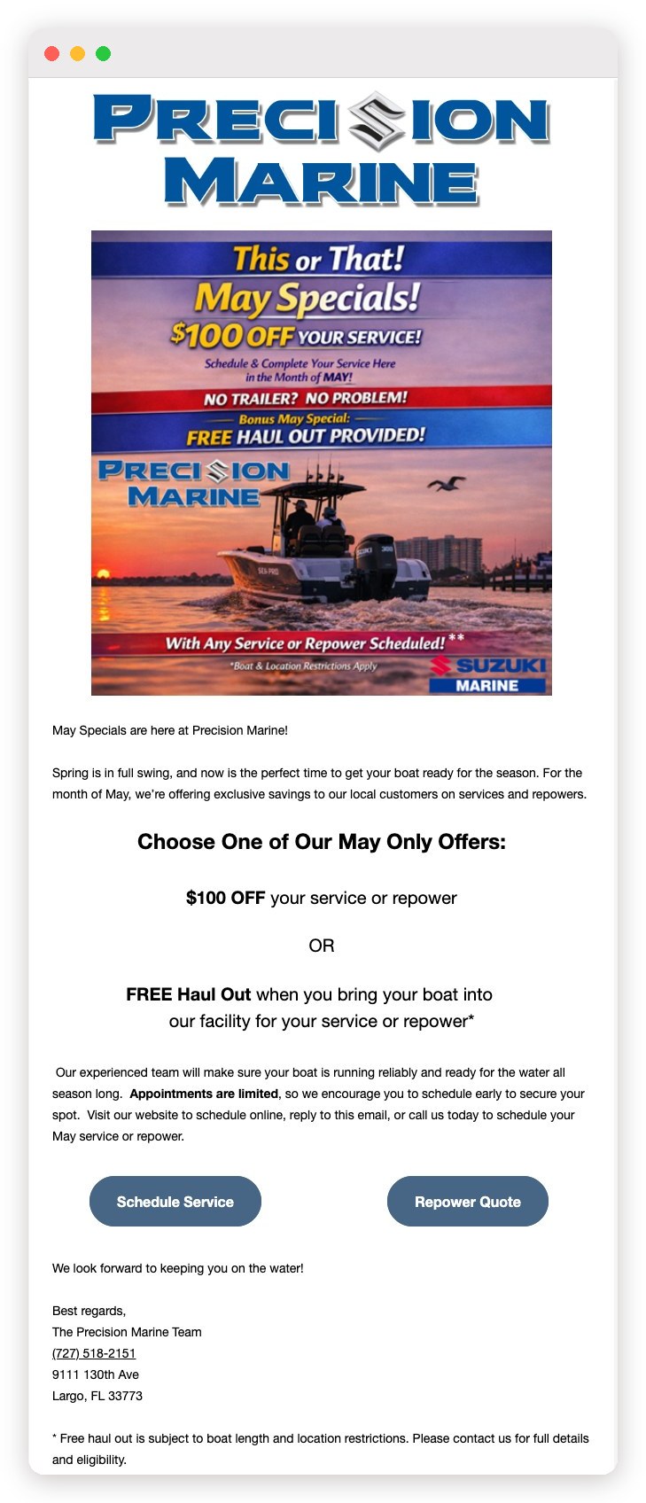 The previous Precision Marine email: a large promotional flyer followed by centered paragraphs of text