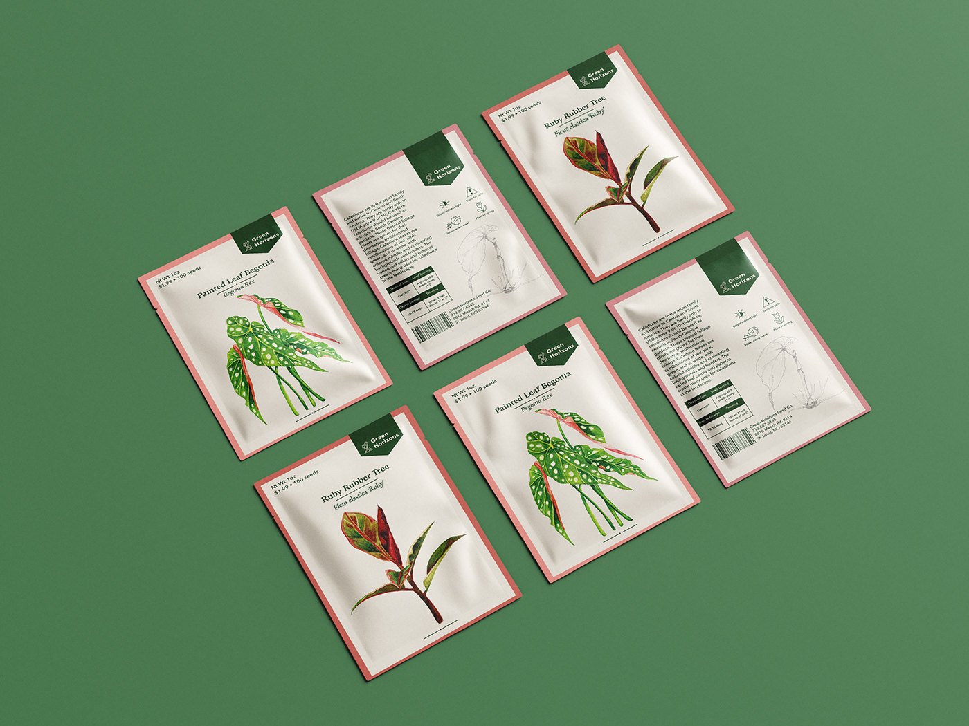 Packet fronts and backs on green